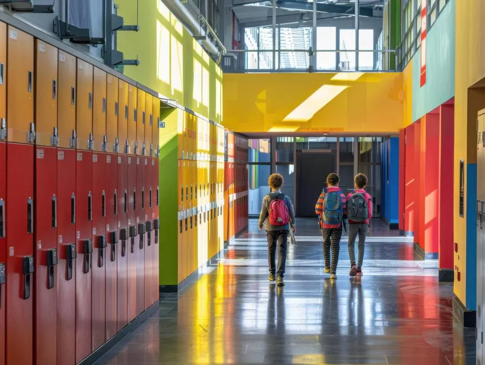 3 élèves marchent dans un couloir d'école avec des casiers en arrière-plan par une journée ensoleillée