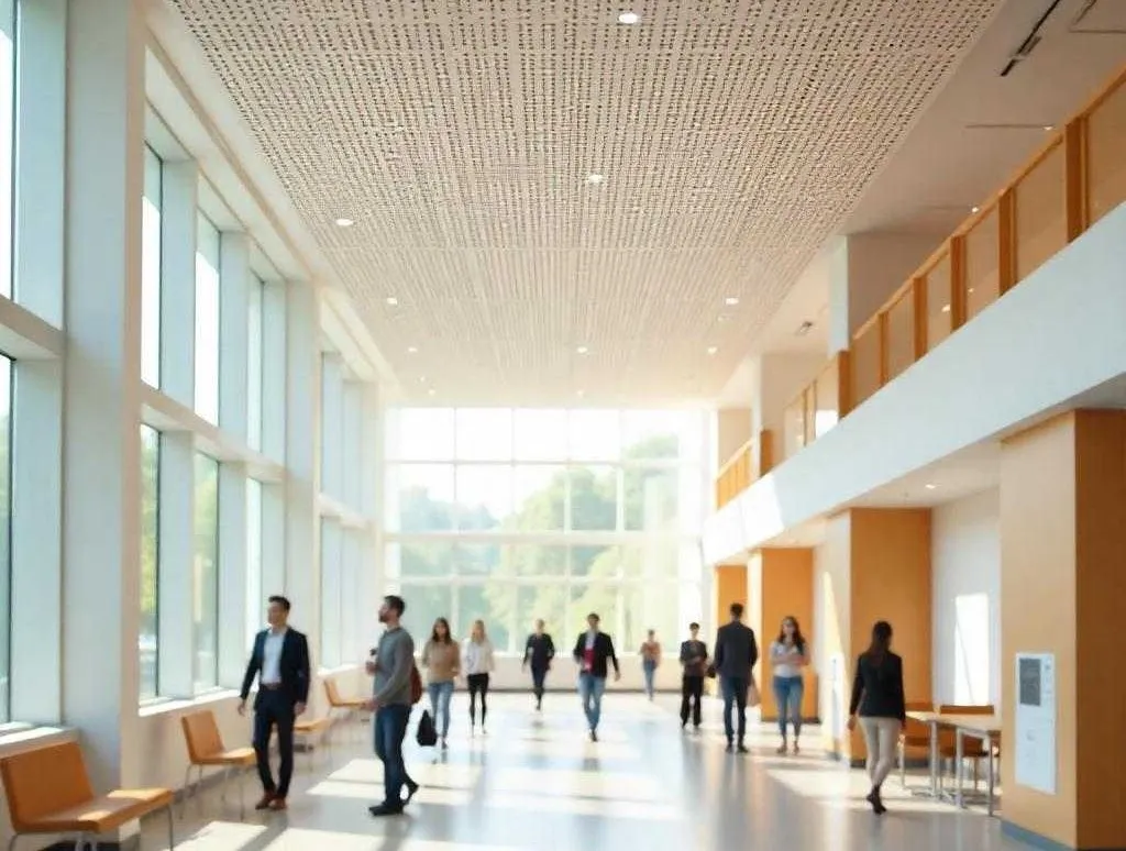 Vue intérieure d’un établissement recevant du public (ERP) moderne, comme une salle polyvalente, une médiathèque ou un hall scolaire