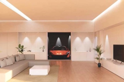 Grand salon moderne avec un faux plafond