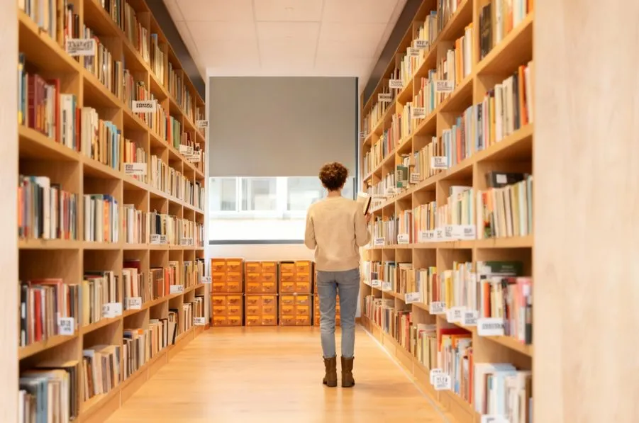 Un jeune étudiant cherche un livre dans la bibliothèque.